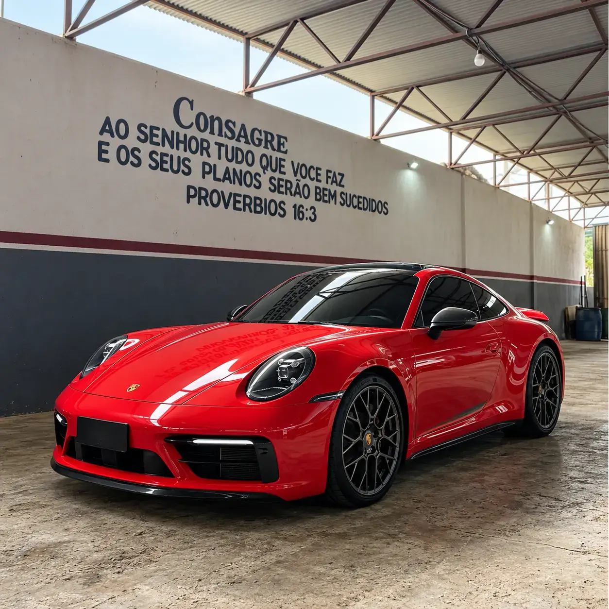 Carro esportivo vermelho fotografado na oficina